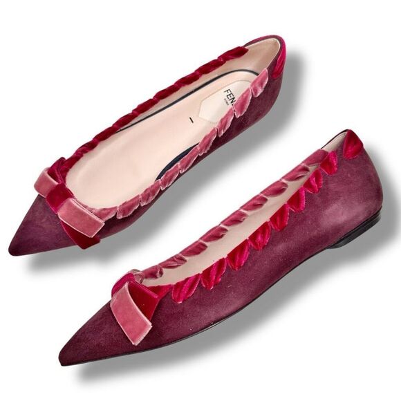 Fendi Burgundy Suede Velvet Ribbon Stitch Bow Pointed Toe Ballet Flats Size 38 - Picture 1 of 11
